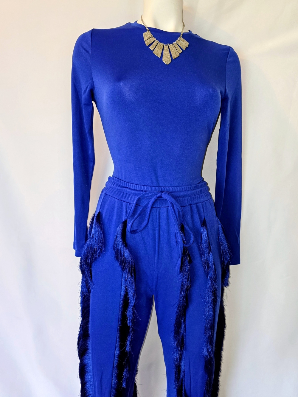 Women's Blue 2-Piece Long-Sleeve Bodysuit w/Drawstring Waist - Necklace Included
